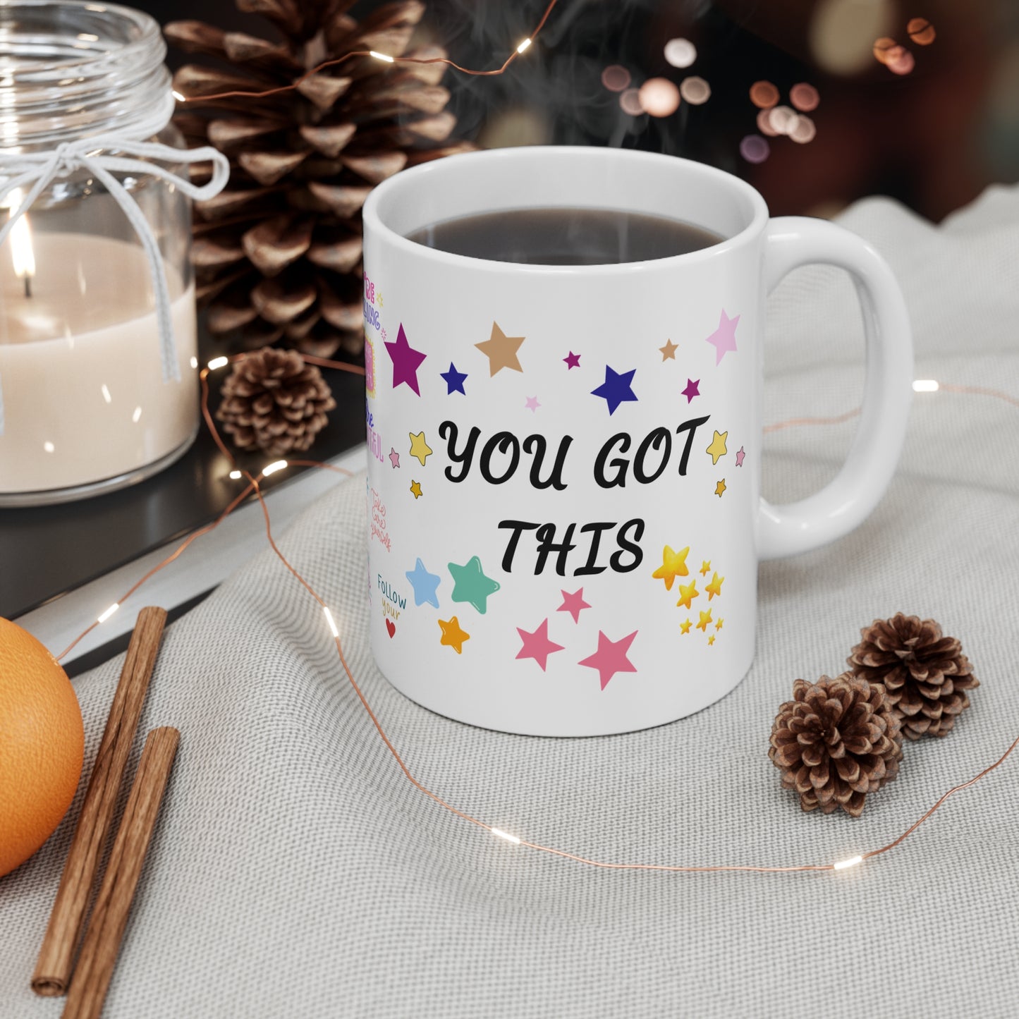 11 oz white ceramic mug with stars and 'You Got This' in bold black letters, uplifting and motivational design