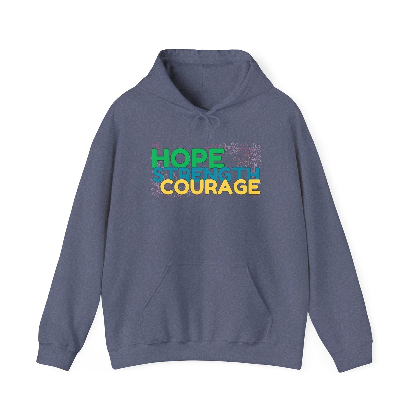 Hope, Strength, Courage Heather Navy Unisex Graphic Hoodie - Radiate Good Merch