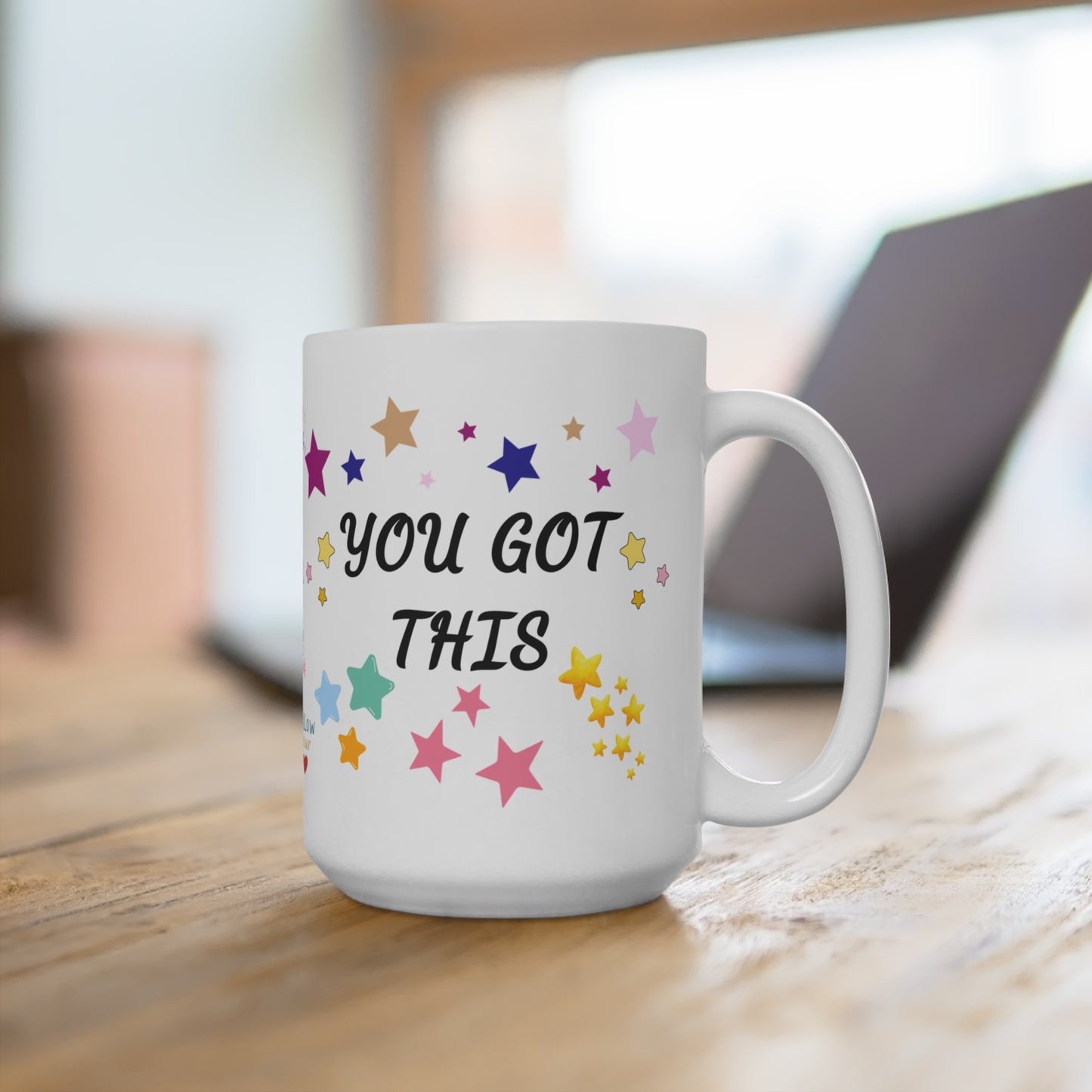 15 oz white ceramic mug with stars and 'You Got This' in bold black letters, uplifting and motivational design