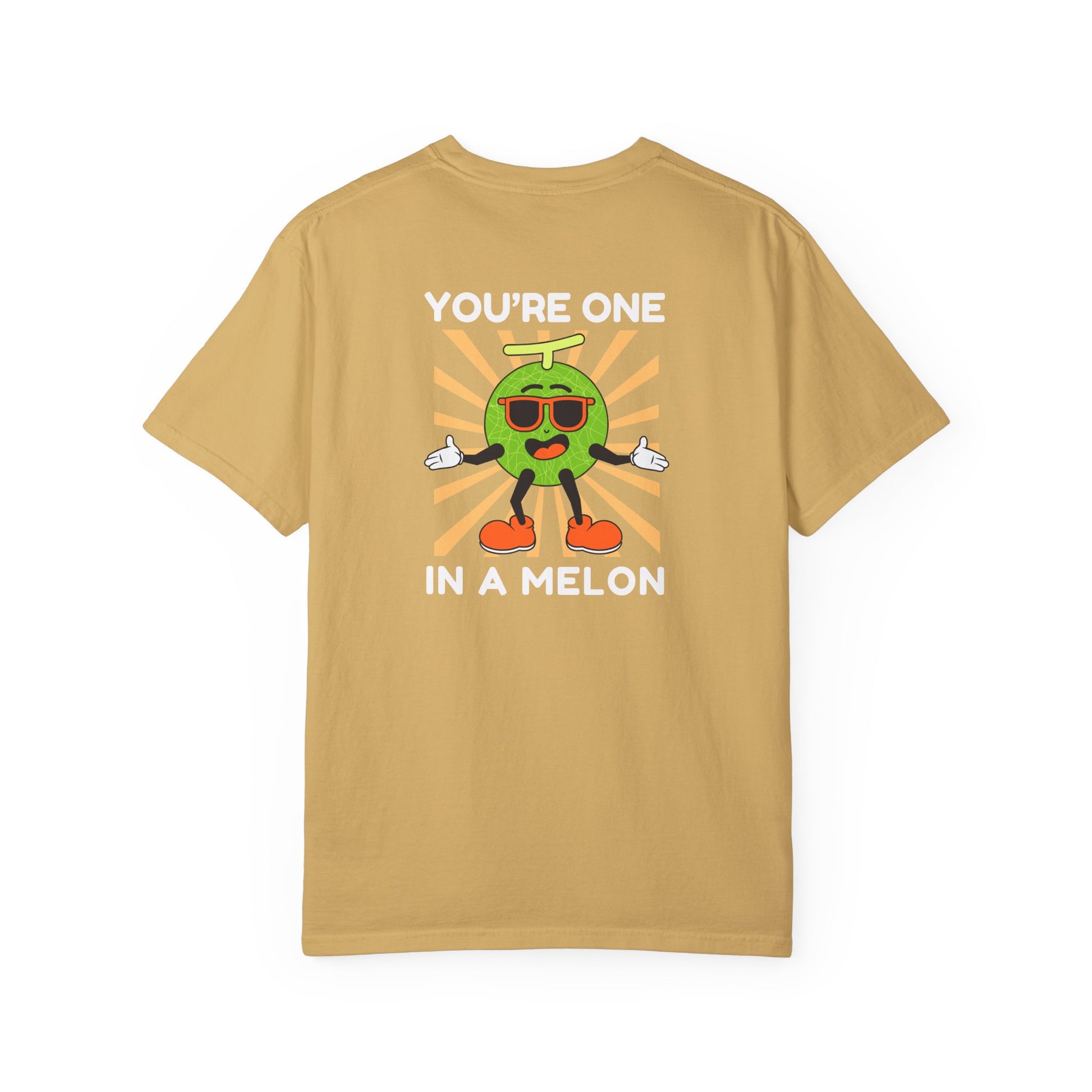 Mustard yellow unisex t-shirt with a large back design featuring 'You're One in a Melon' text and a smiling melon wearing sunglasses on a retro background, uplifting and fun graphic tee