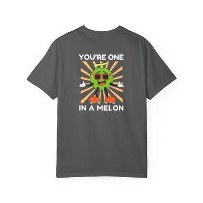 Pepper unisex t-shirt with a large back design featuring 'You're One in a Melon' text and a smiling melon wearing sunglasses on a retro background, uplifting and fun graphic tee