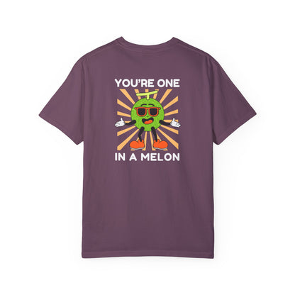 Berry unisex t-shirt with a large back design featuring 'You're One in a Melon' text and a smiling melon wearing sunglasses on a retro background, uplifting and fun graphic tee