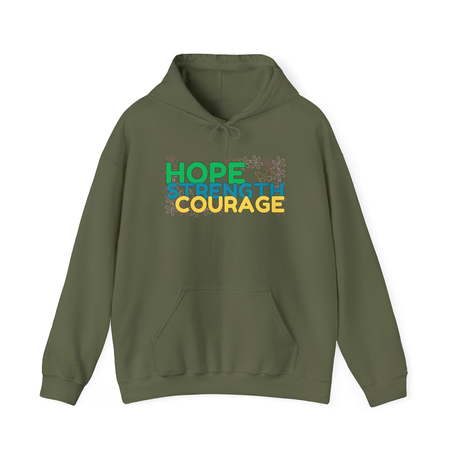 Hope, Strength, Courage Military Green Unisex Graphic Hoodie - Radiate Good Merch