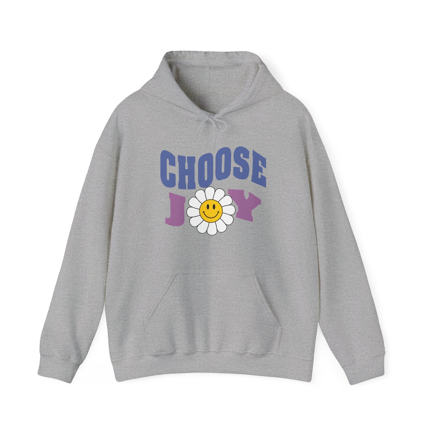 A grey unisex graphic hoodie with text 'Choose Joy', featuring a large flower with smiley face in the middle