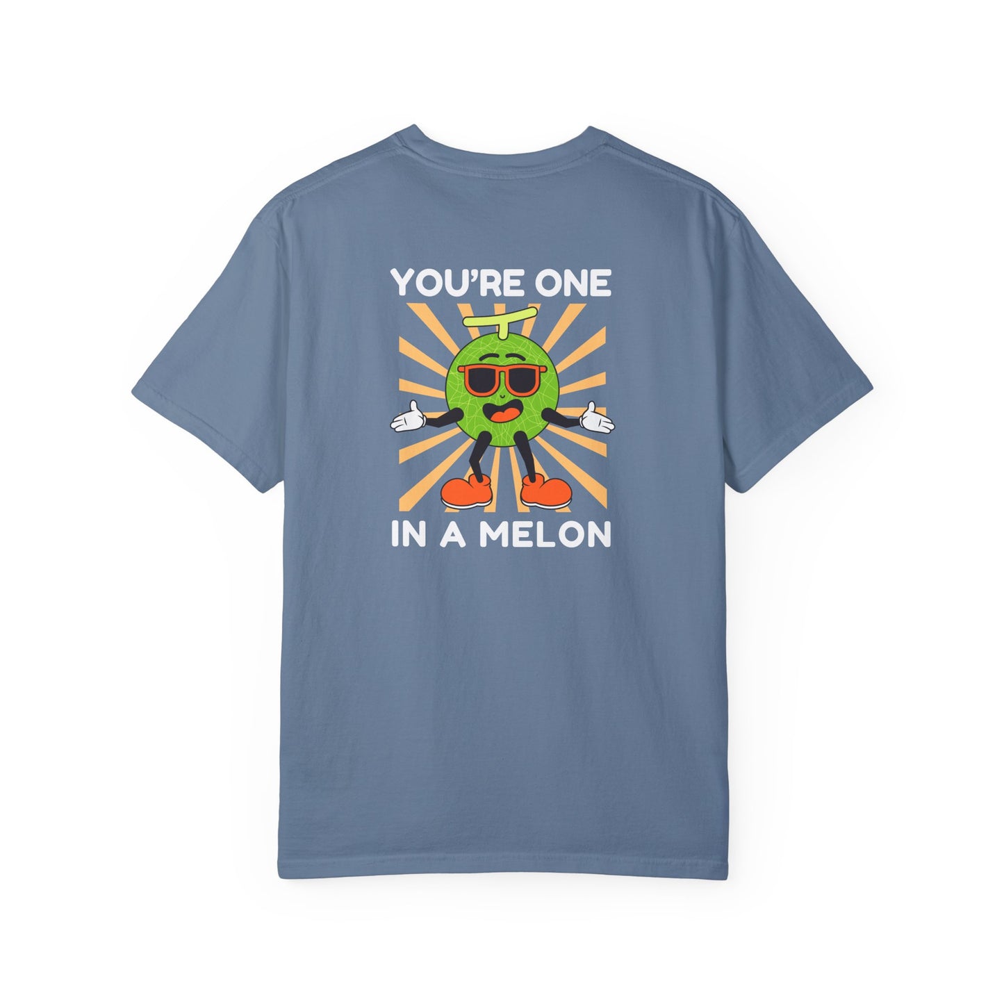 Blue jean unisex t-shirt with a large back design featuring 'You're One in a Melon' text and a smiling melon wearing sunglasses on a retro background, uplifting and fun graphic tee