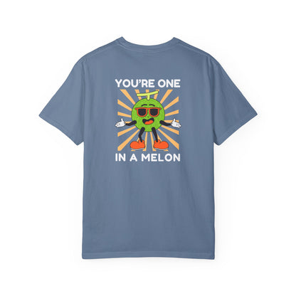 Blue jean unisex t-shirt with a large back design featuring 'You're One in a Melon' text and a smiling melon wearing sunglasses on a retro background, uplifting and fun graphic tee