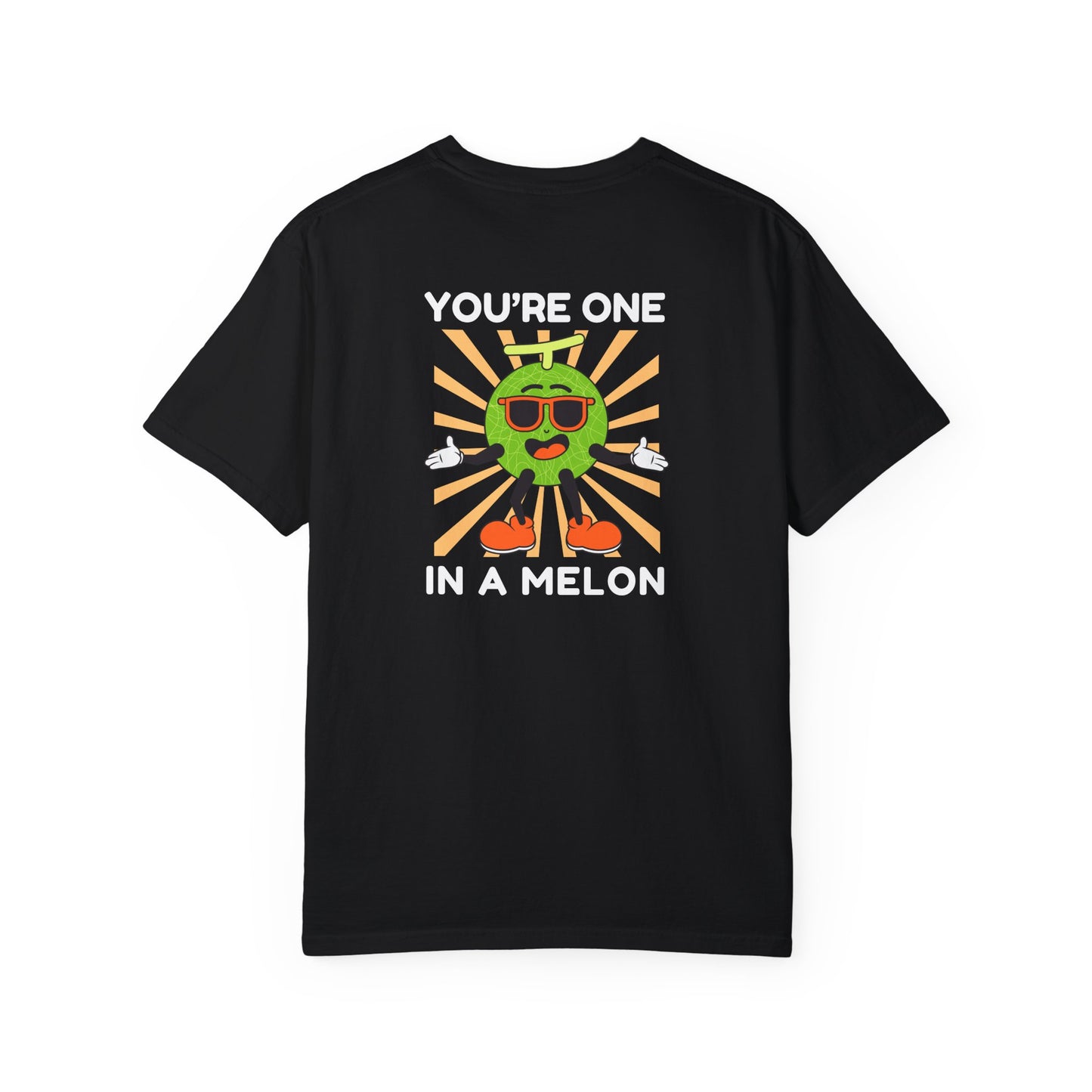 Black unisex t-shirt with a large back design featuring 'You're One in a Melon' text and a smiling melon wearing sunglasses on a retro background, uplifting and fun graphic tee