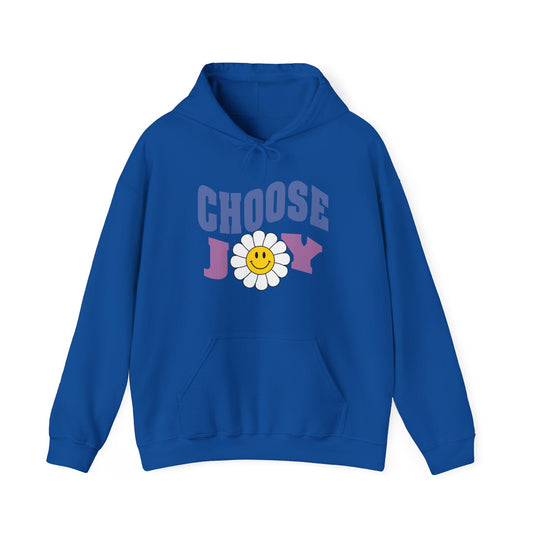 A royal blue unisex graphic hoodie with text 'Choose Joy', featuring a large flower with smiley face in the middle