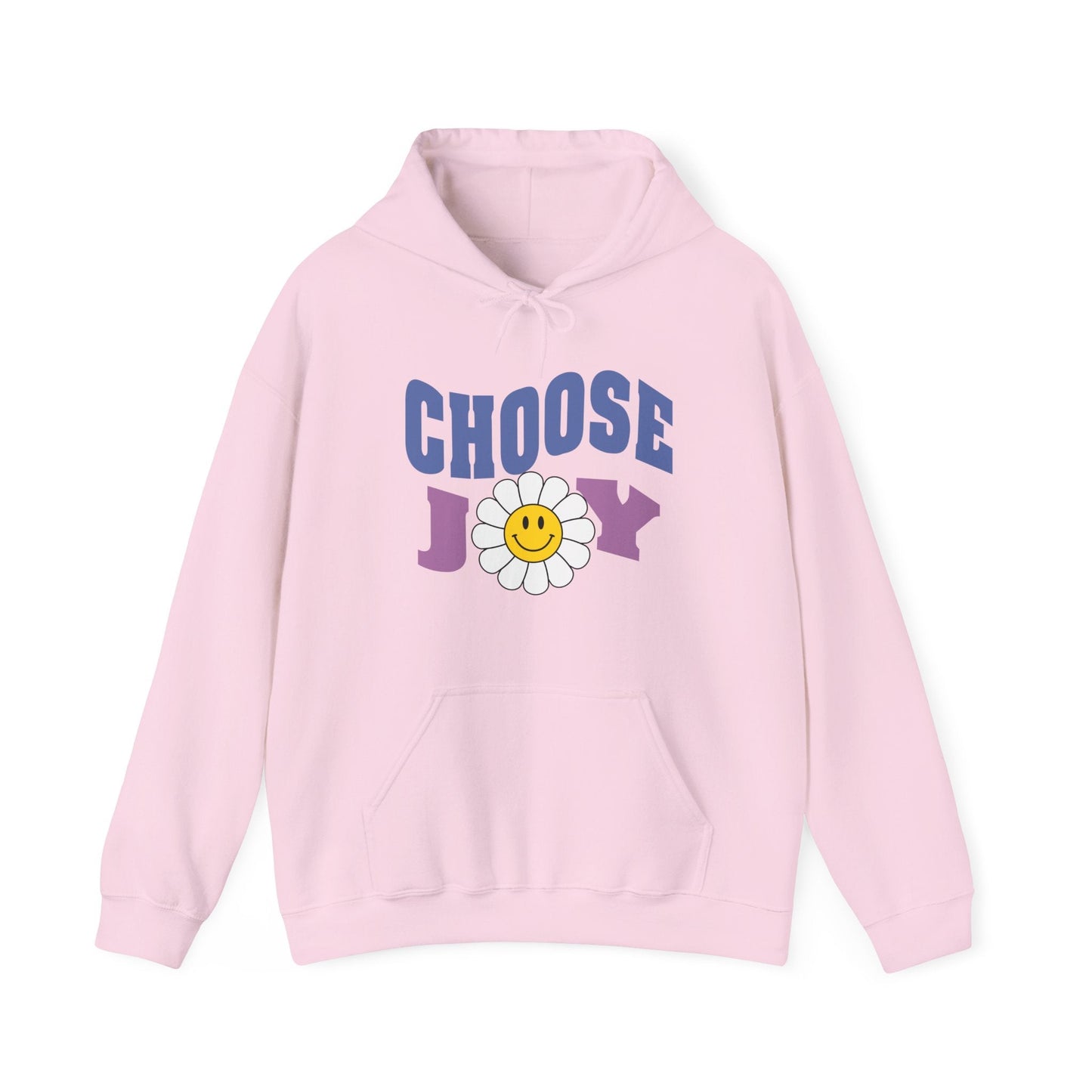 A light pink unisex graphic hoodie with text 'Choose Joy', featuring a large flower with smiley face in the middle