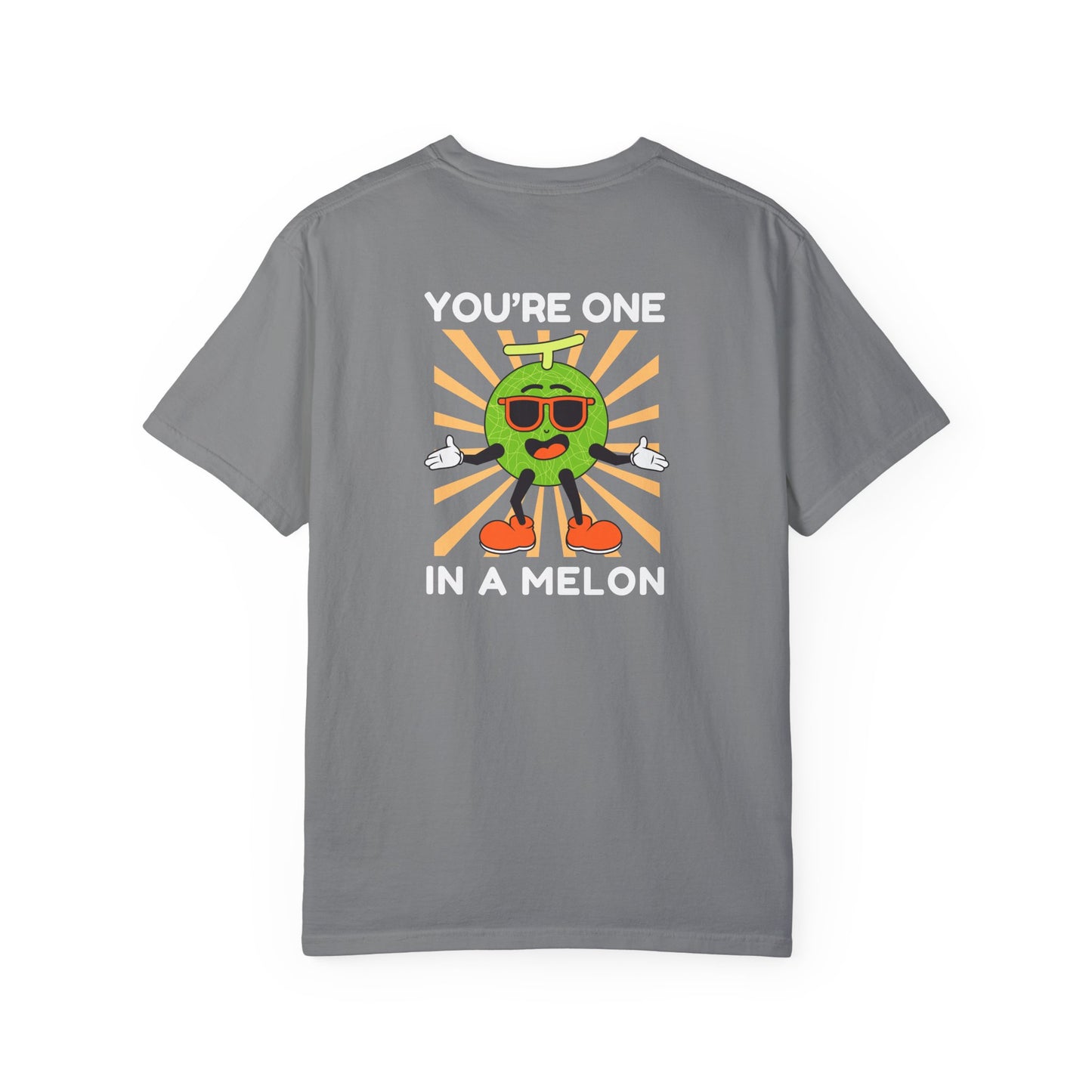 Grey unisex t-shirt with a large back design featuring 'You're One in a Melon' text and a smiling melon wearing sunglasses on a retro background, uplifting and fun graphic tee