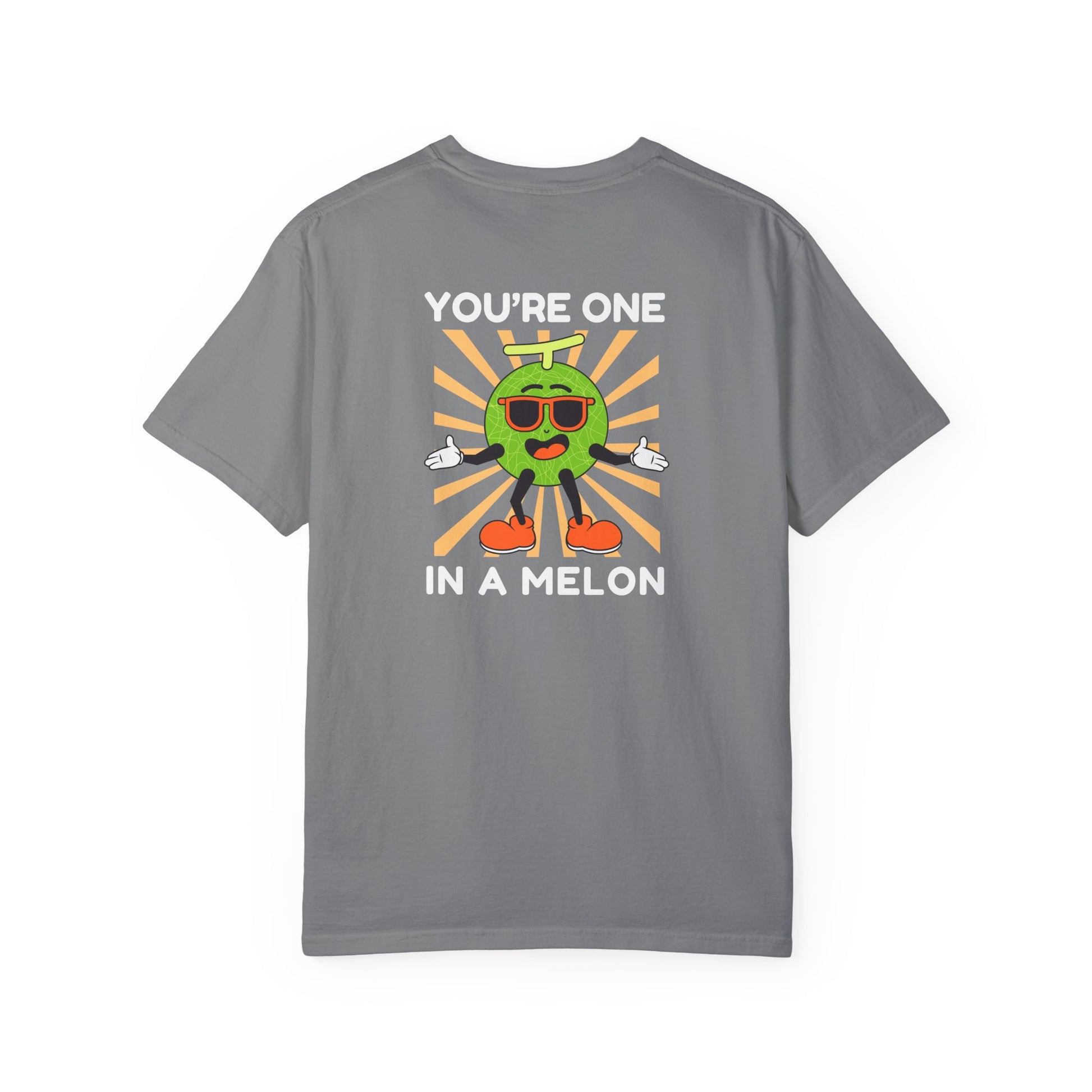 Grey unisex t-shirt with a large back design featuring 'You're One in a Melon' text and a smiling melon wearing sunglasses on a retro background, uplifting and fun graphic tee