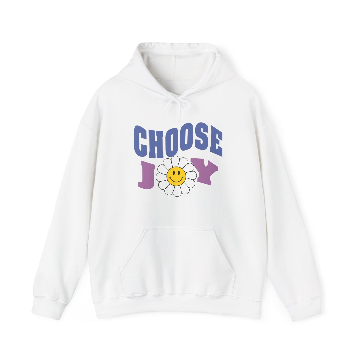 A white unisex graphic hoodie with text 'Choose Joy', featuring a large flower with smiley face in the middle