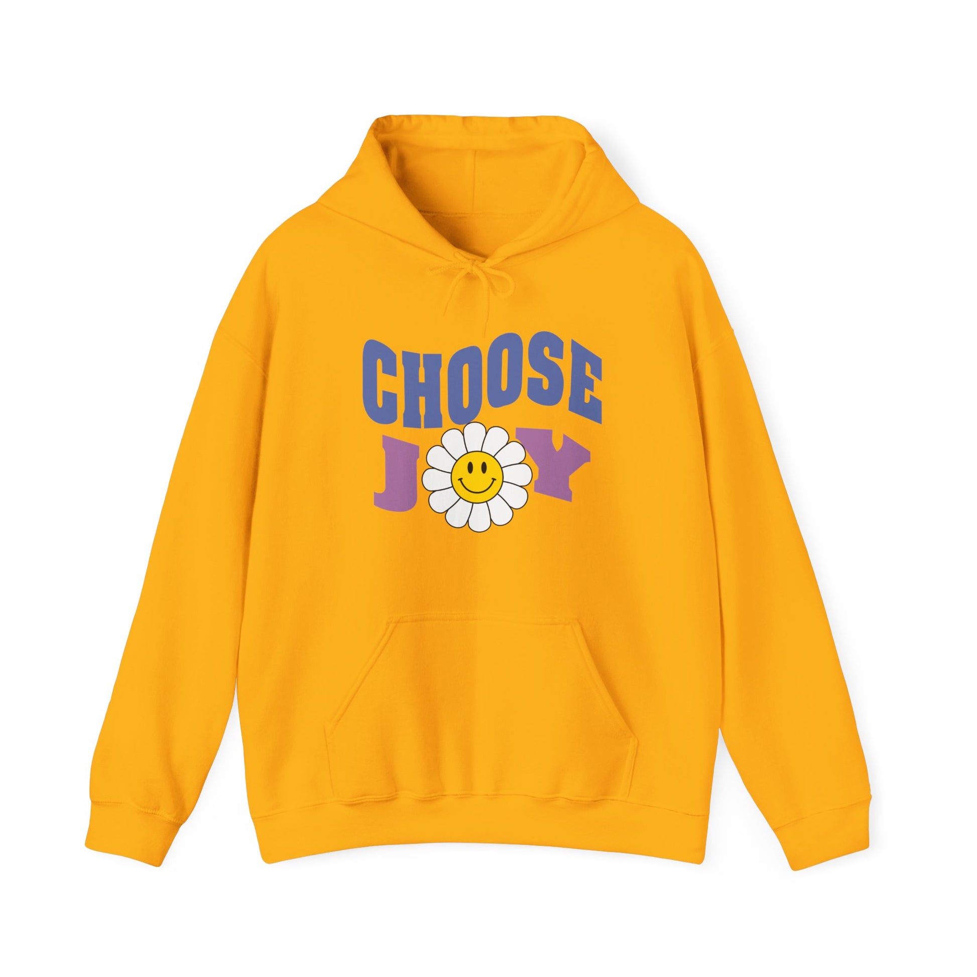 A yellow unisex graphic hoodie with text 'Choose Joy', featuring a large flower with smiley face in the middle