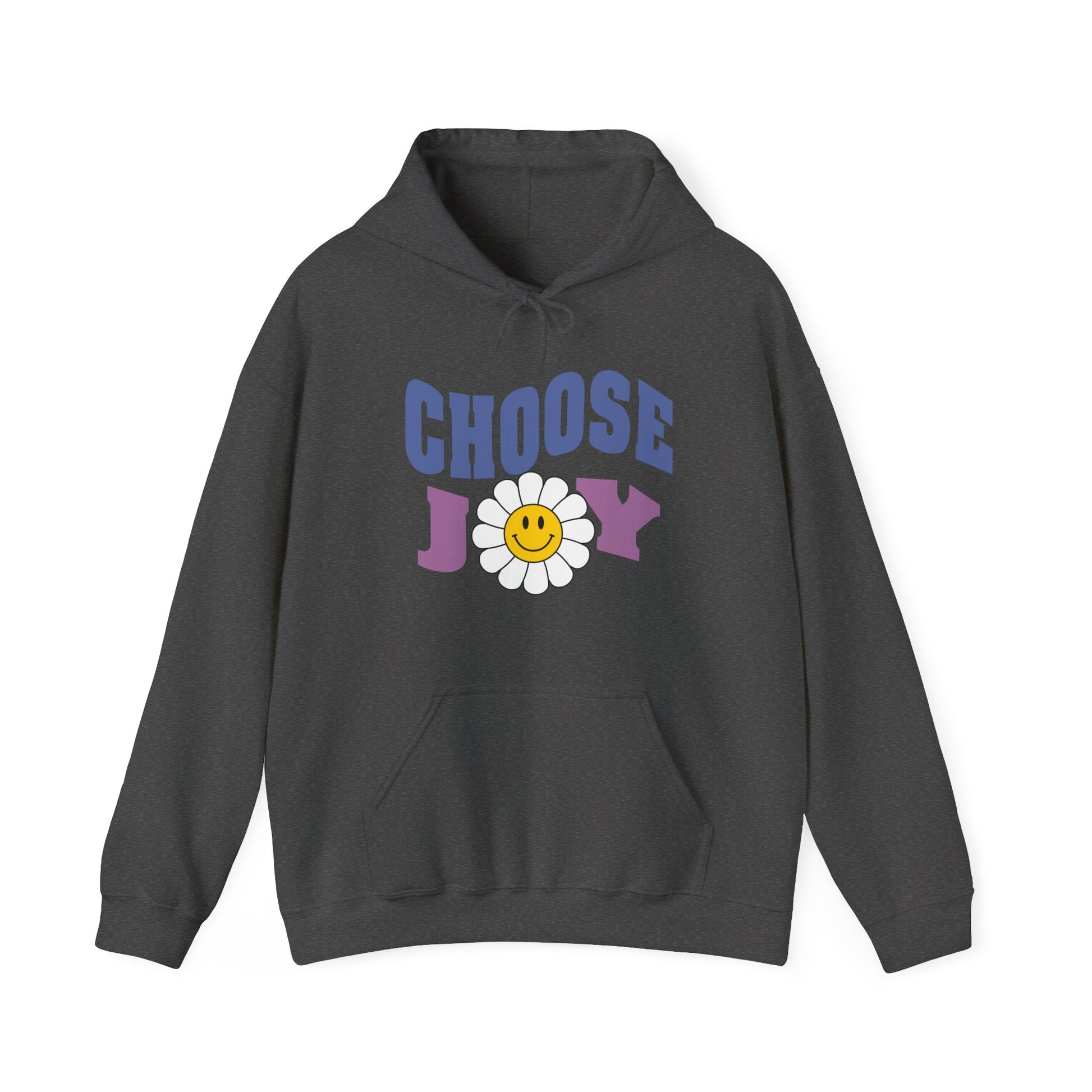 A dark heather unisex graphic hoodie with text 'Choose Joy', featuring a large flower with smiley face in the middle