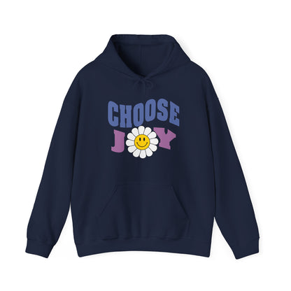 A navy blue unisex graphic hoodie with text 'Choose Joy', featuring a large flower with smiley face in the middle