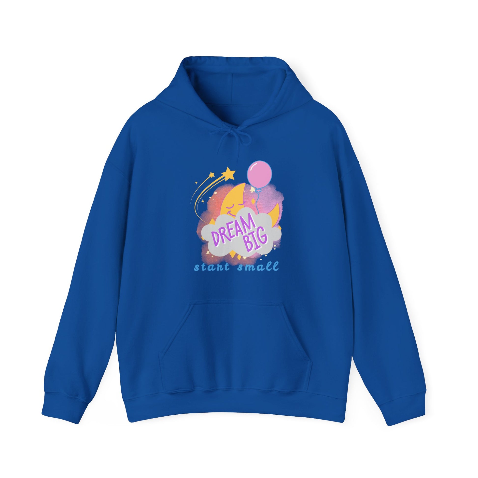 a blue hoodie withe text 'dream big, start small', featuring a smiling moon behind a cloud