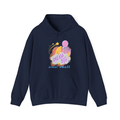 a navy hoodie withe text 'dream big, start small', featuring a smiling moon behind a cloud