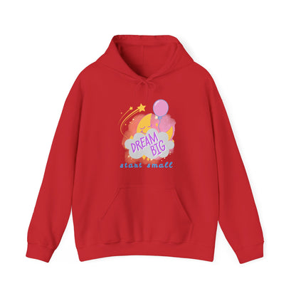 a red hoodie withe text 'dream big, start small', featuring a smiling moon behind a cloud