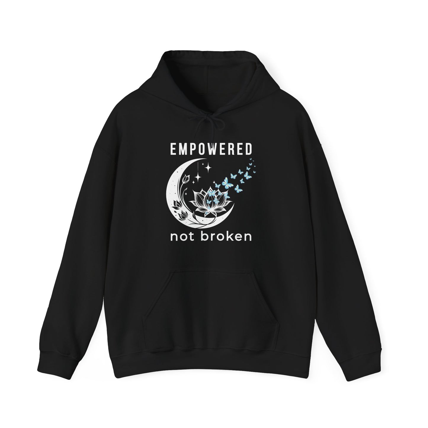 a black unisex hoodie with text 'empowered not broken', featuring a moon and lotus with little flying butterflies