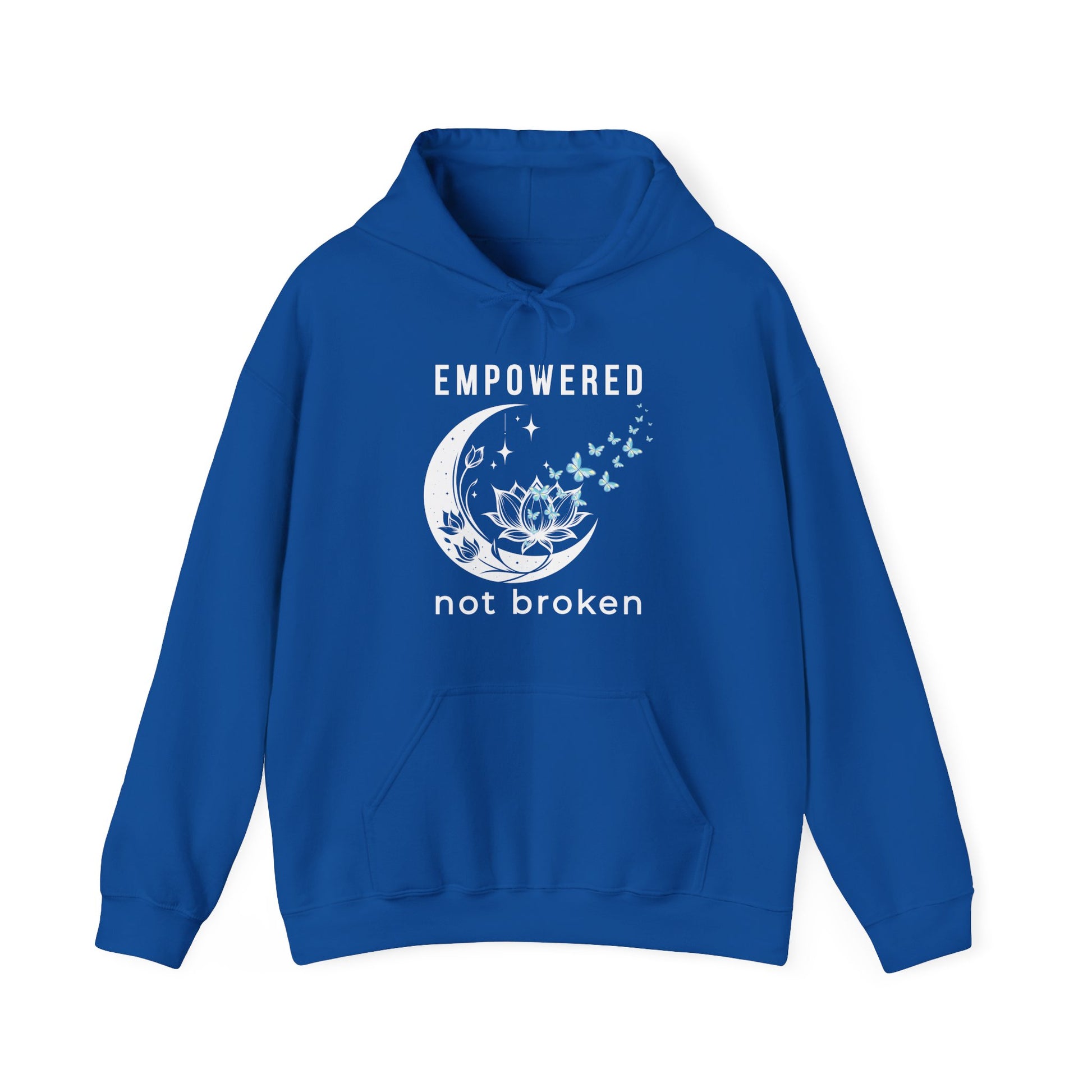 a blue unisex hoodie with text 'empowered not broken', featuring a moon and lotus with little flying butterflies