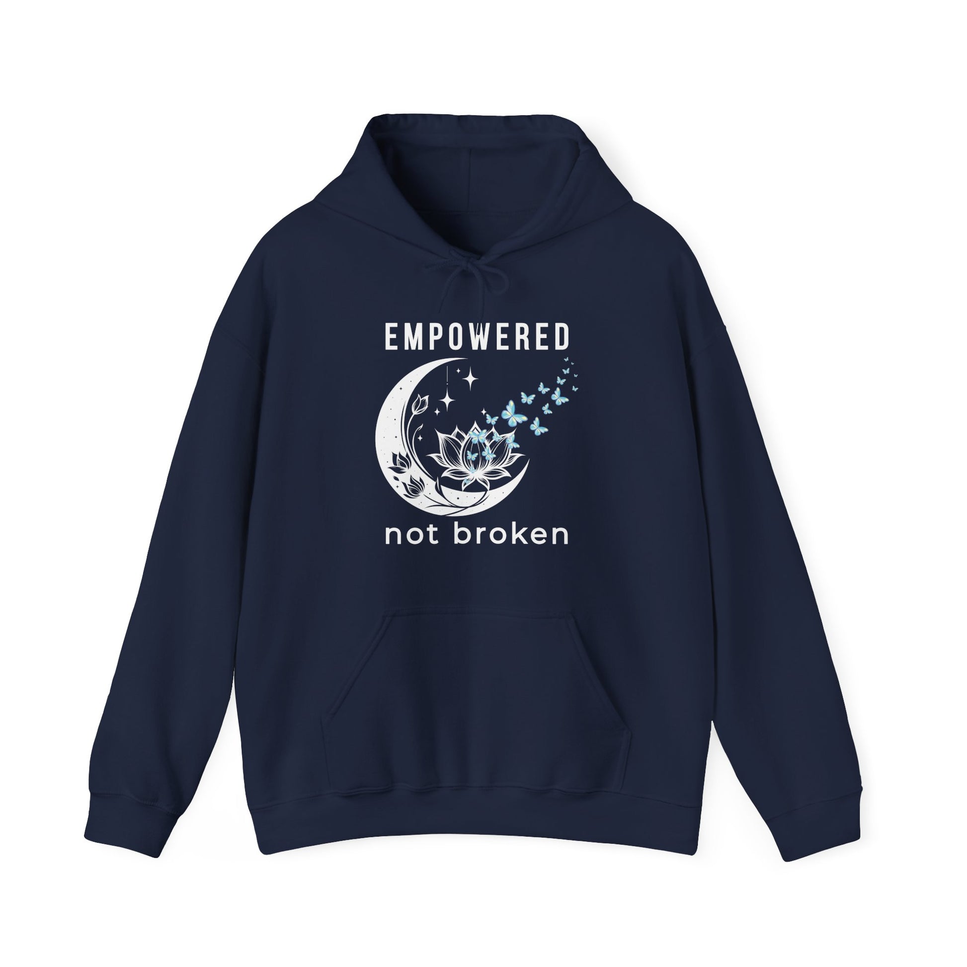 a navy blue unisex hoodie with text 'empowered not broken', featuring a moon and lotus with little flying butterflies