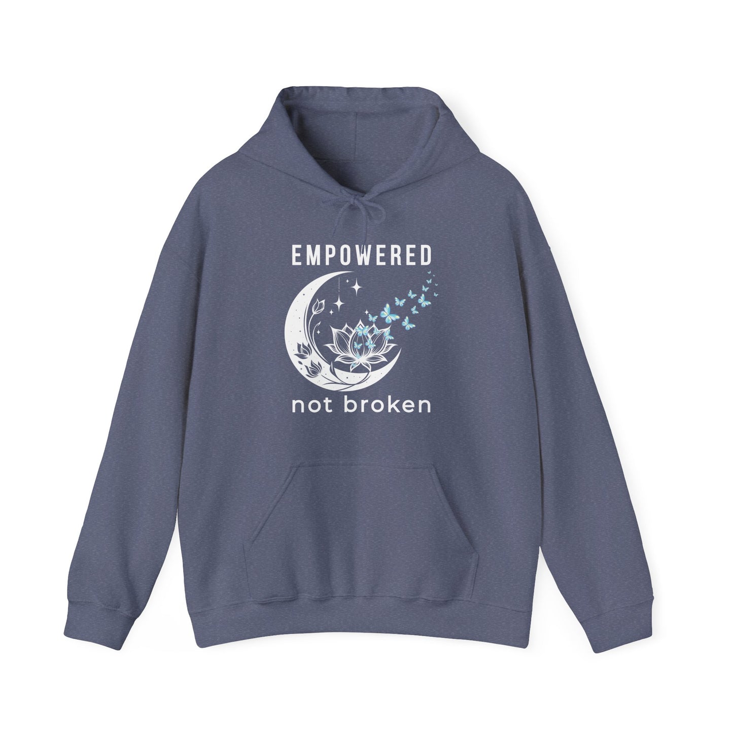 a heather navy unisex hoodie with text 'empowered not broken', featuring a moon and lotus with little flying butterflies