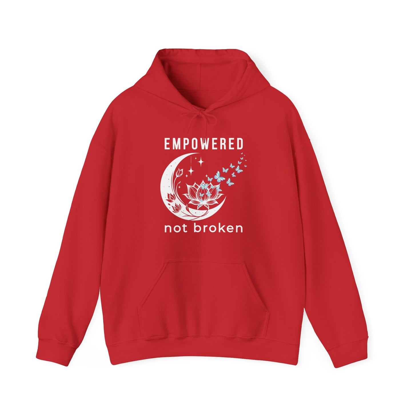 a red unisex hoodie with text 'empowered not broken', featuring a moon and lotus with little flying butterflies