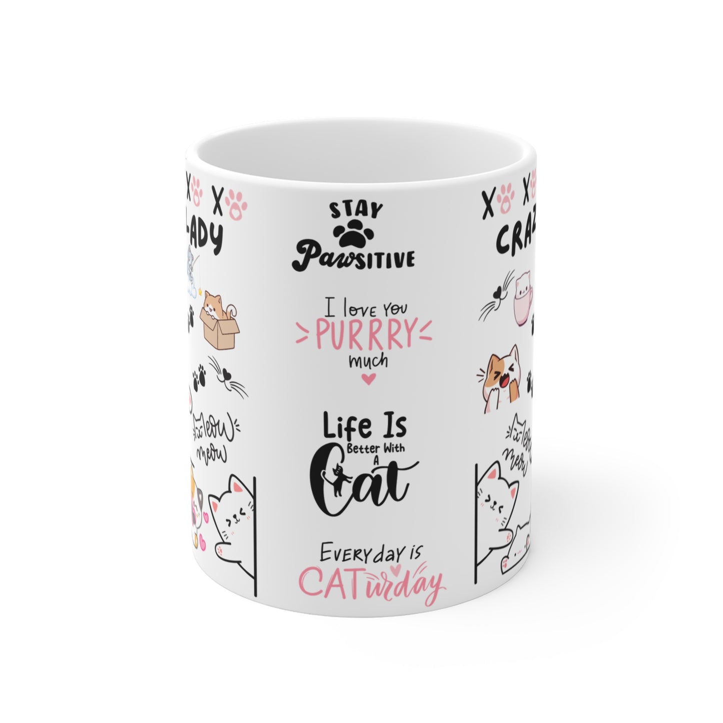 An 11oz ceramic coffee mug with text 'Crazy cat Lady' in bold lettering, featuring cute cat graphics 