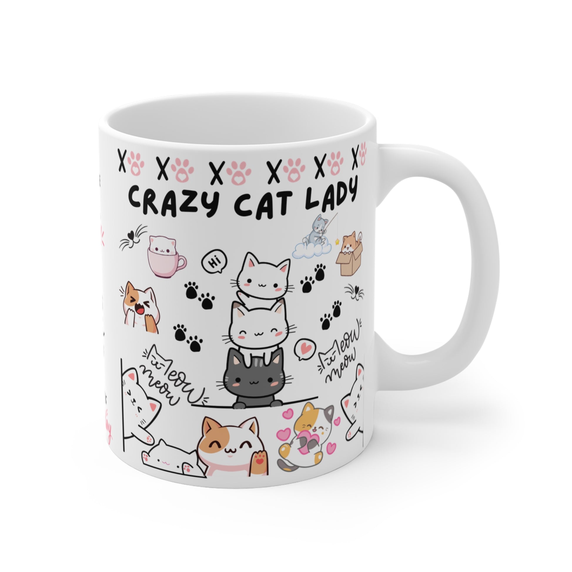 An 11oz ceramic coffee mug with text 'Crazy cat Lady' in bold lettering, featuring cute cat graphics 