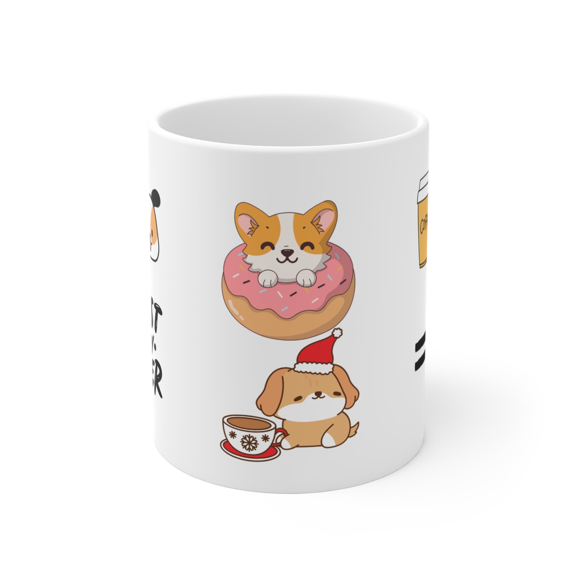 a white ceramic mug, featuring two cute dogs